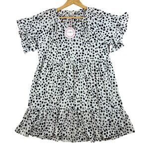 Umgee USA Mini Dress White Black Spotted NWT Print Ruffle Sleeve Tiered BOHO S